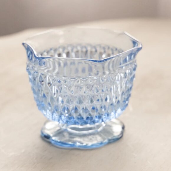 Vintage Small Blue Glass Footed Bowl with Diamond Point Designs - Picture 3 of 4